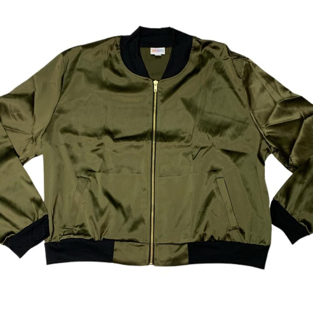 NEW XL LuLaRoe Satin Olive Green Stevie Bomber Jacket 90S Y2K Zippers Pockets